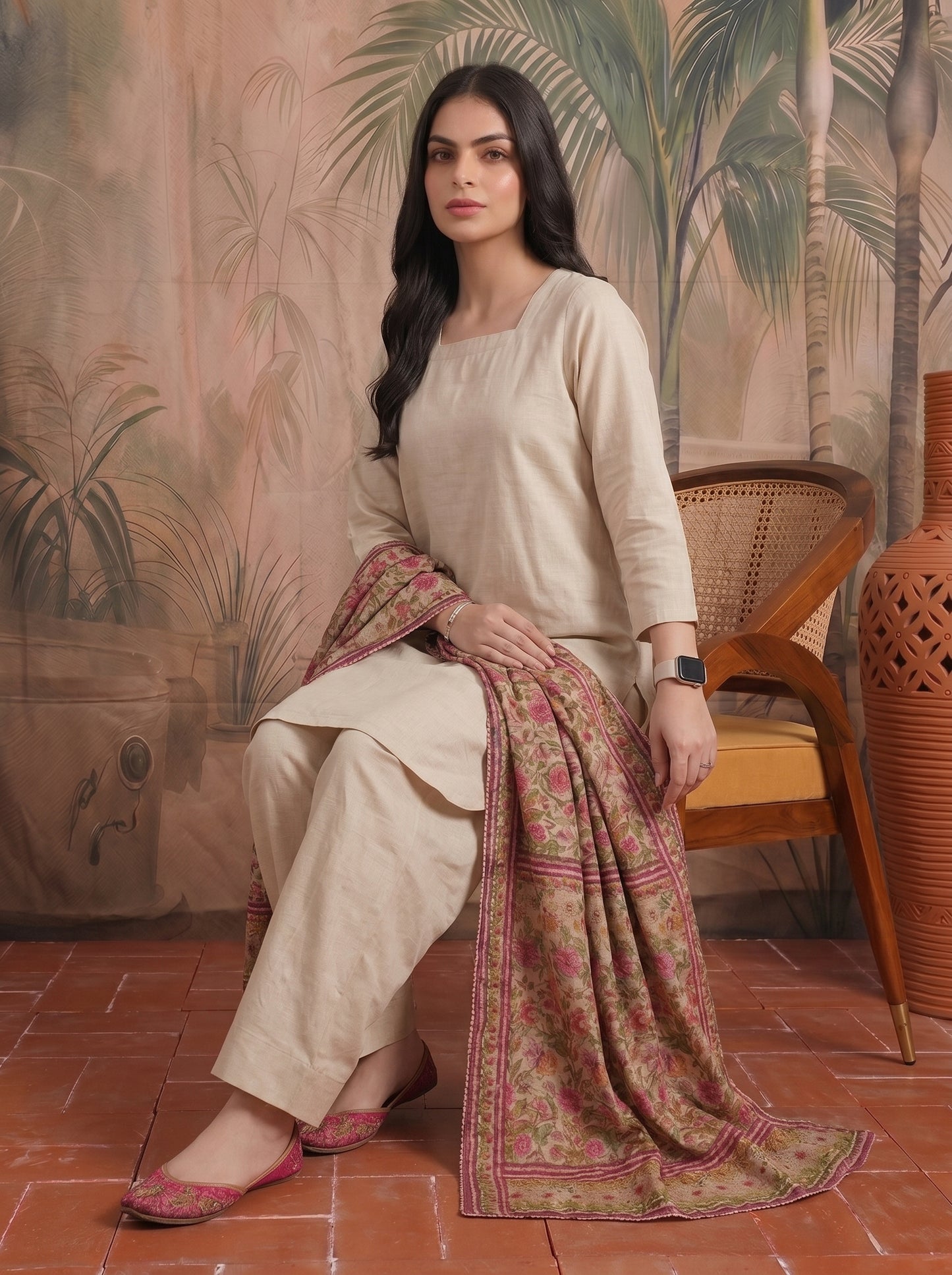 Solid cotton tunic and trouser set, square neck tunic, wide-leg trousers, floral scarf