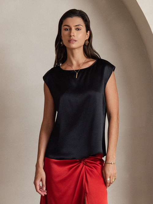 Black satin sleeveless blouse with round neckline and shoulder cap sleeves