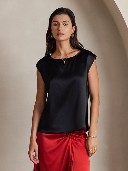 Black satin sleeveless blouse with round neckline and smooth draped sheen
