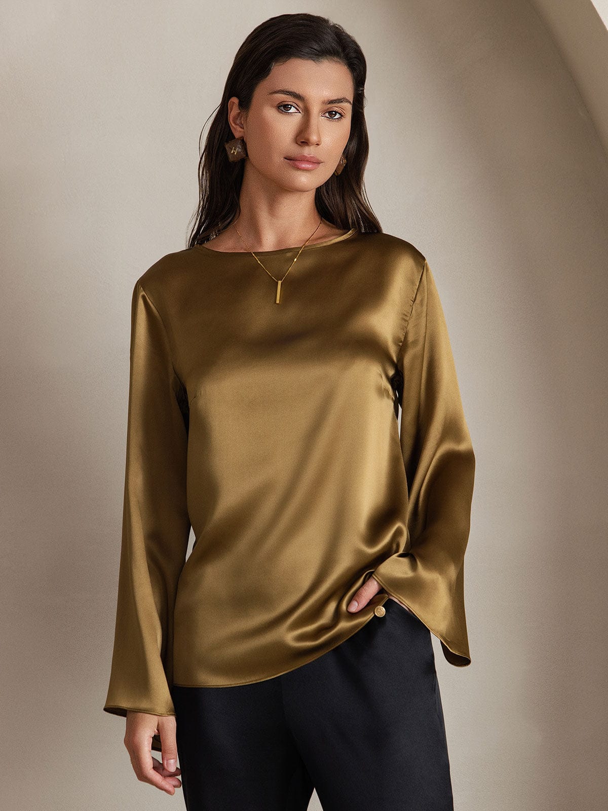 Olive satin flare-sleeve blouse with round neckline and smooth drape