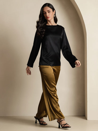 Black satin flare sleeve blouse with round neckline, long sleeves, relaxed fit.