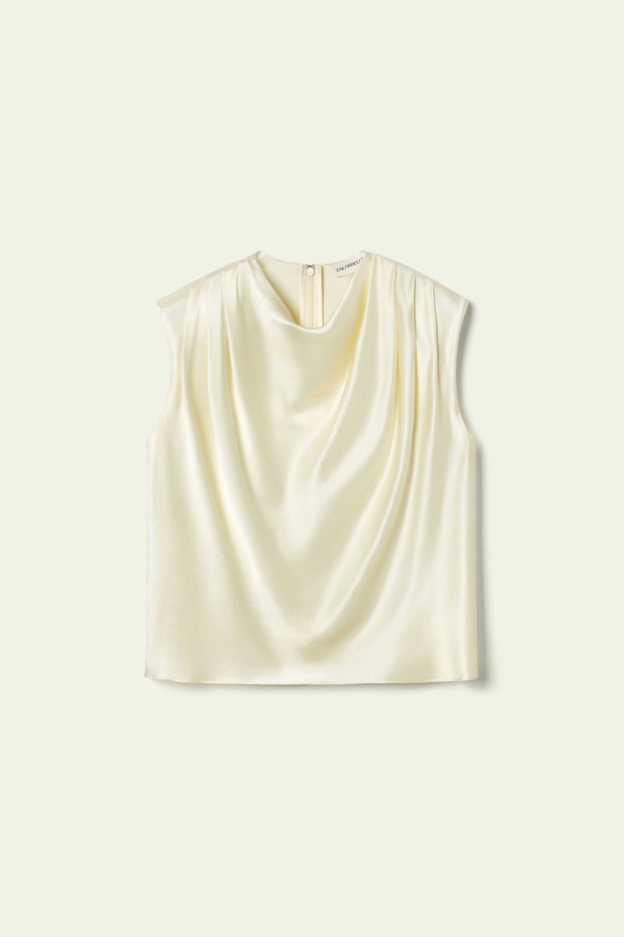 Ivory satin sleeveless draped blouse with high neckline, sleeveless top