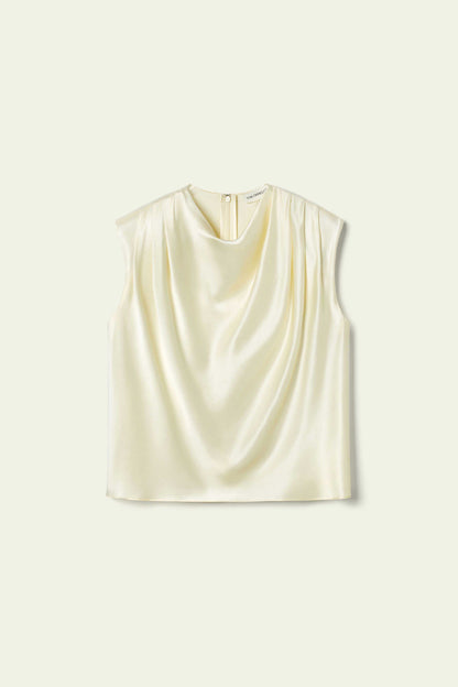 Ivory satin sleeveless draped blouse with high neckline, sleeveless top