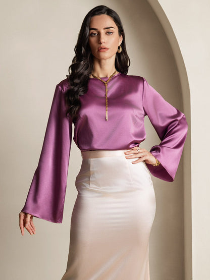 Purple satin bell-sleeve blouse with gold cord neckline