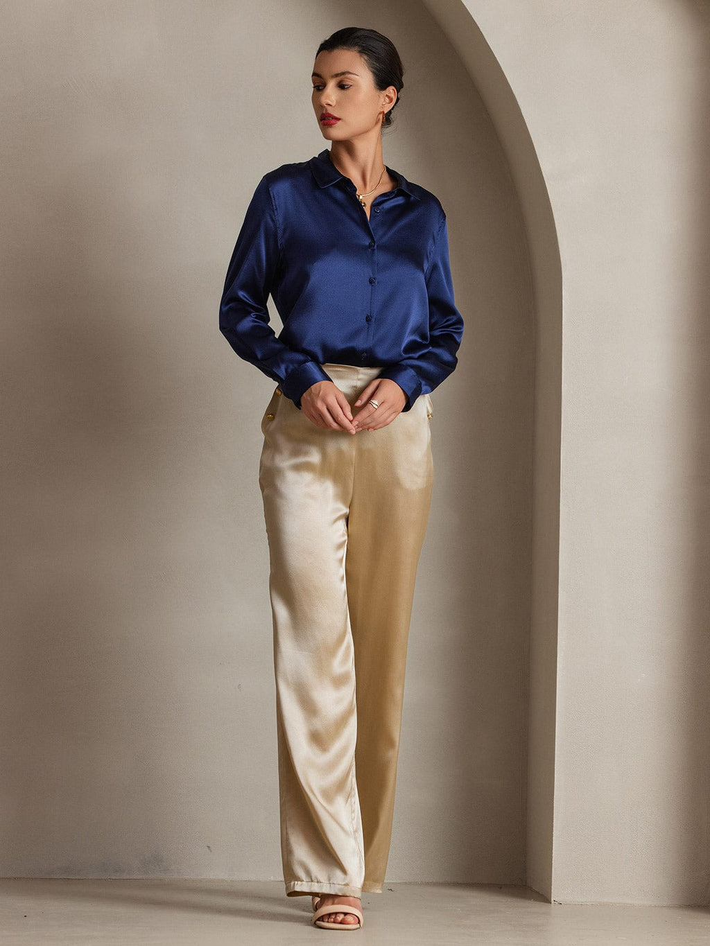 Midnight blue satin button-down shirt with point collar and long sleeves, front buttons