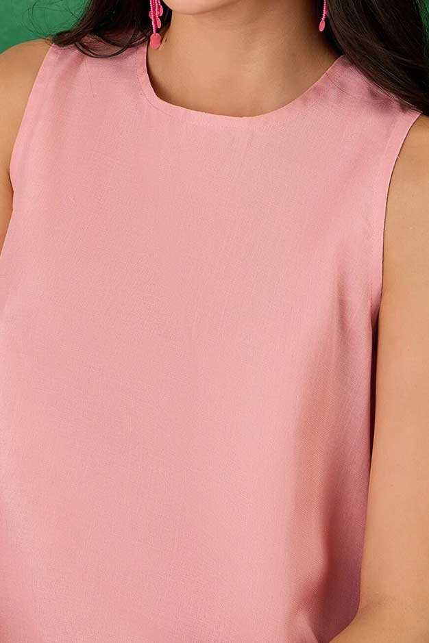 Coral linen sleeveless tunic with wide scoop neckline and smooth front panel