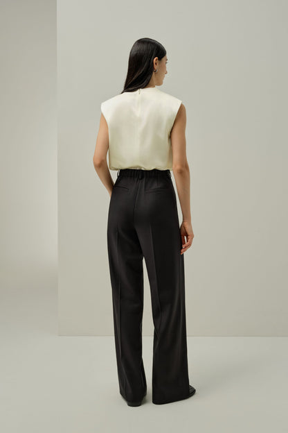Ivory satin sleeveless blouse, back view with high collar and draped back