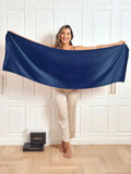 Navy satin scarf/shawl stretched wide for a long draped look