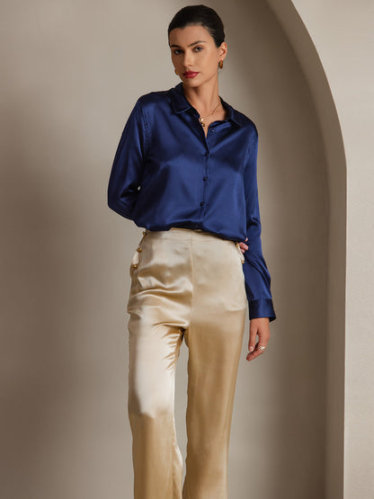 Midnight blue satin button-down shirt with point collar, long sleeves, button placket
