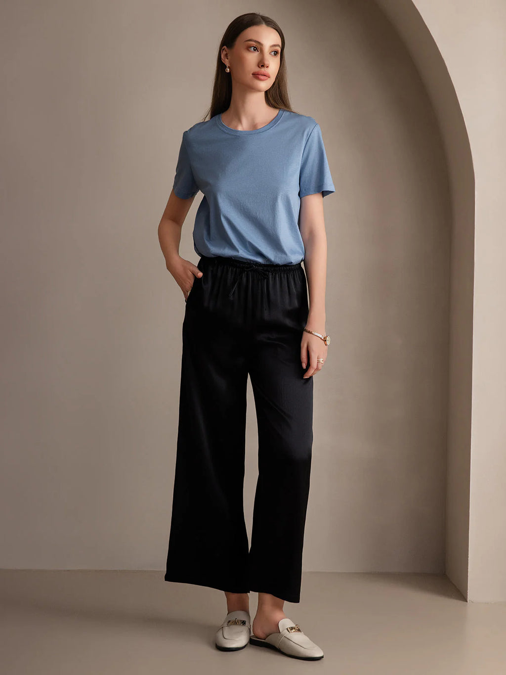 Black wide-leg elastic-waist pants, gathered waist, ankle length, relaxed fit