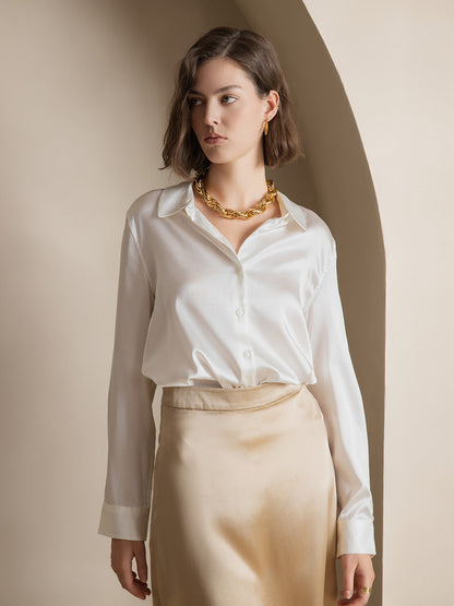 White satin button-down shirt with point collar, button placket, and long sleeves