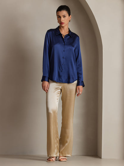 Midnight blue satin button-down shirt with point collar, long sleeves, front buttons