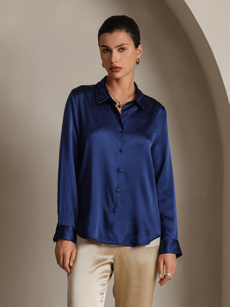 Midnight blue satin button-down shirt with point collar, long sleeves, button placket