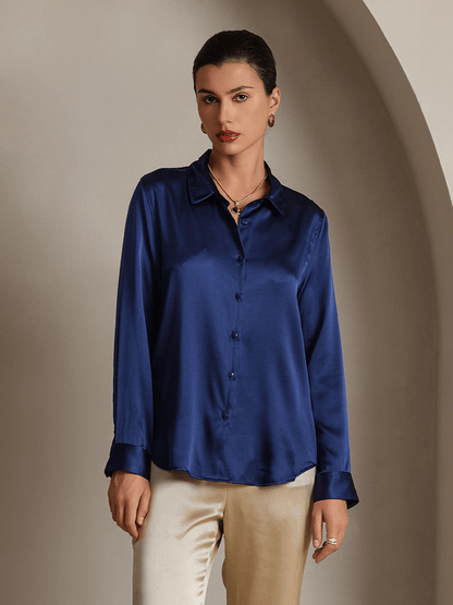 Midnight blue satin button-down shirt with point collar, long sleeves, button placket