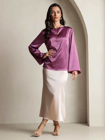 Purple satin blouse with wide bell sleeves and gold cord neckline