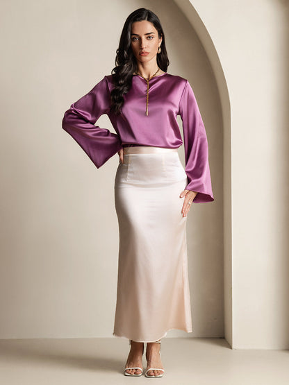Purple satin bell-sleeve blouse with straight hem and gold cord neckline