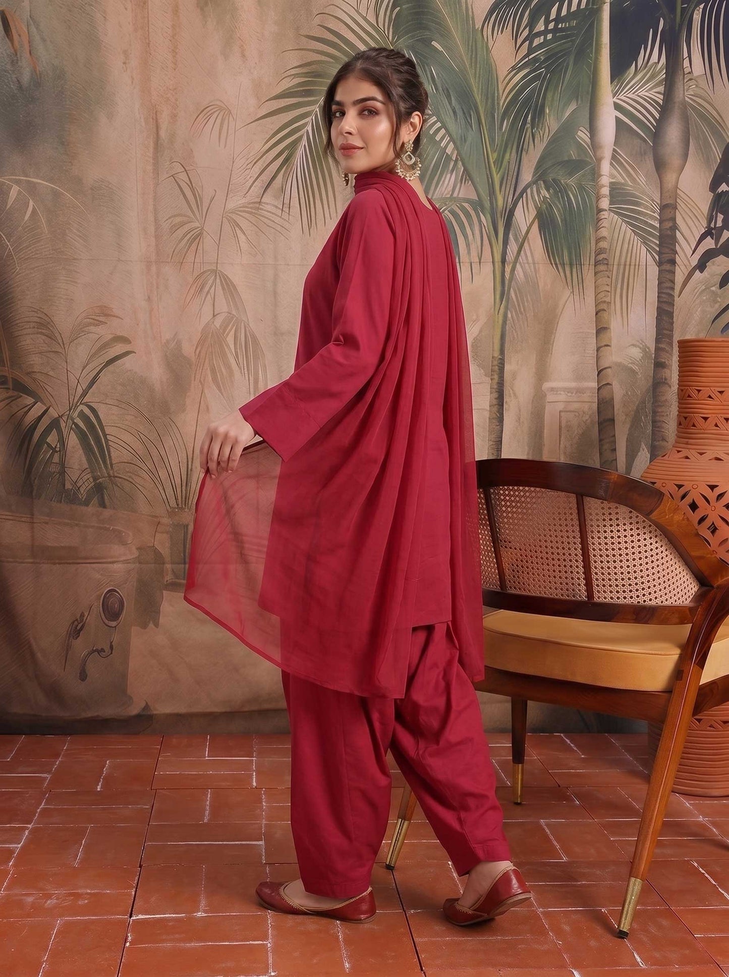 3-piece solid lawn suit in deep red, side view: long kurta, pants, draped dupatta