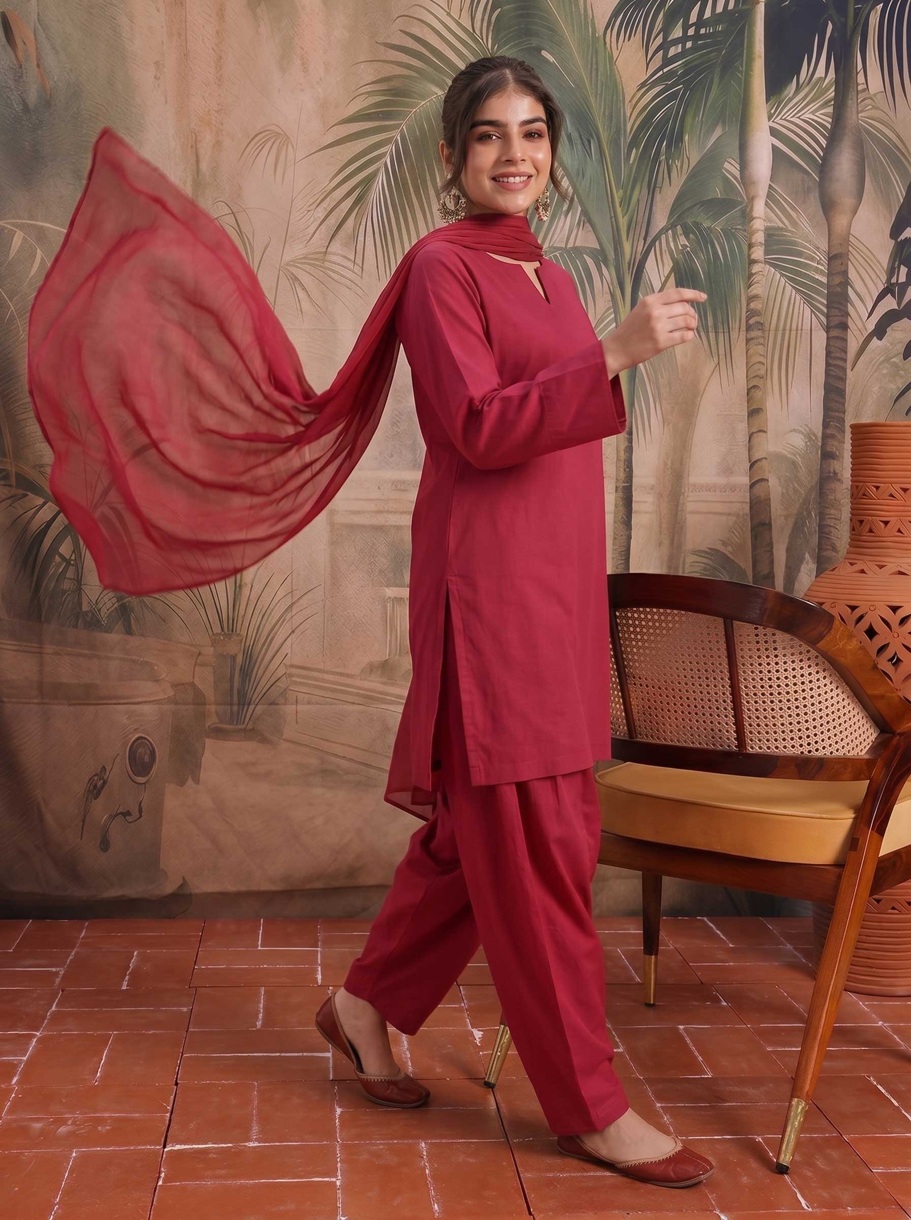 3-piece solid lawn suit in deep red: long kurta with v-neck, straight pants, flowing dupatta