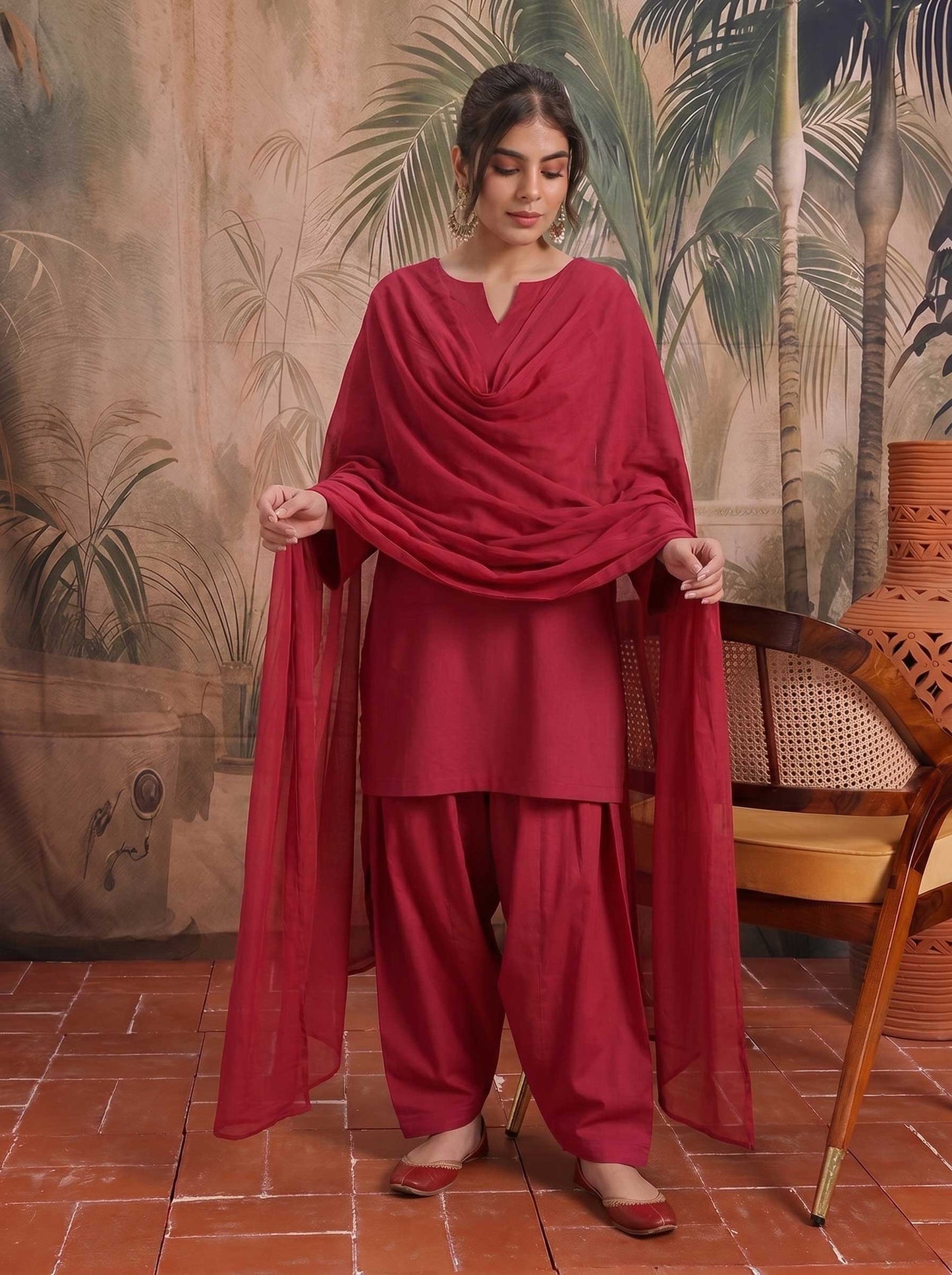 3-piece solid lawn suit in deep red: long kurta, matching pants, sheer drape dupatta
