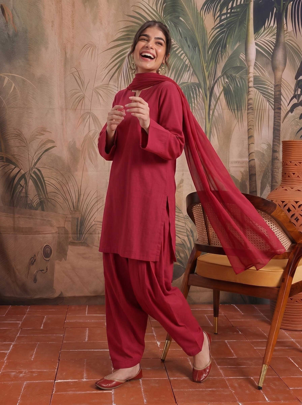3-piece solid lawn suit in deep red: long kurta with cuffs, matching pants, draped dupatta