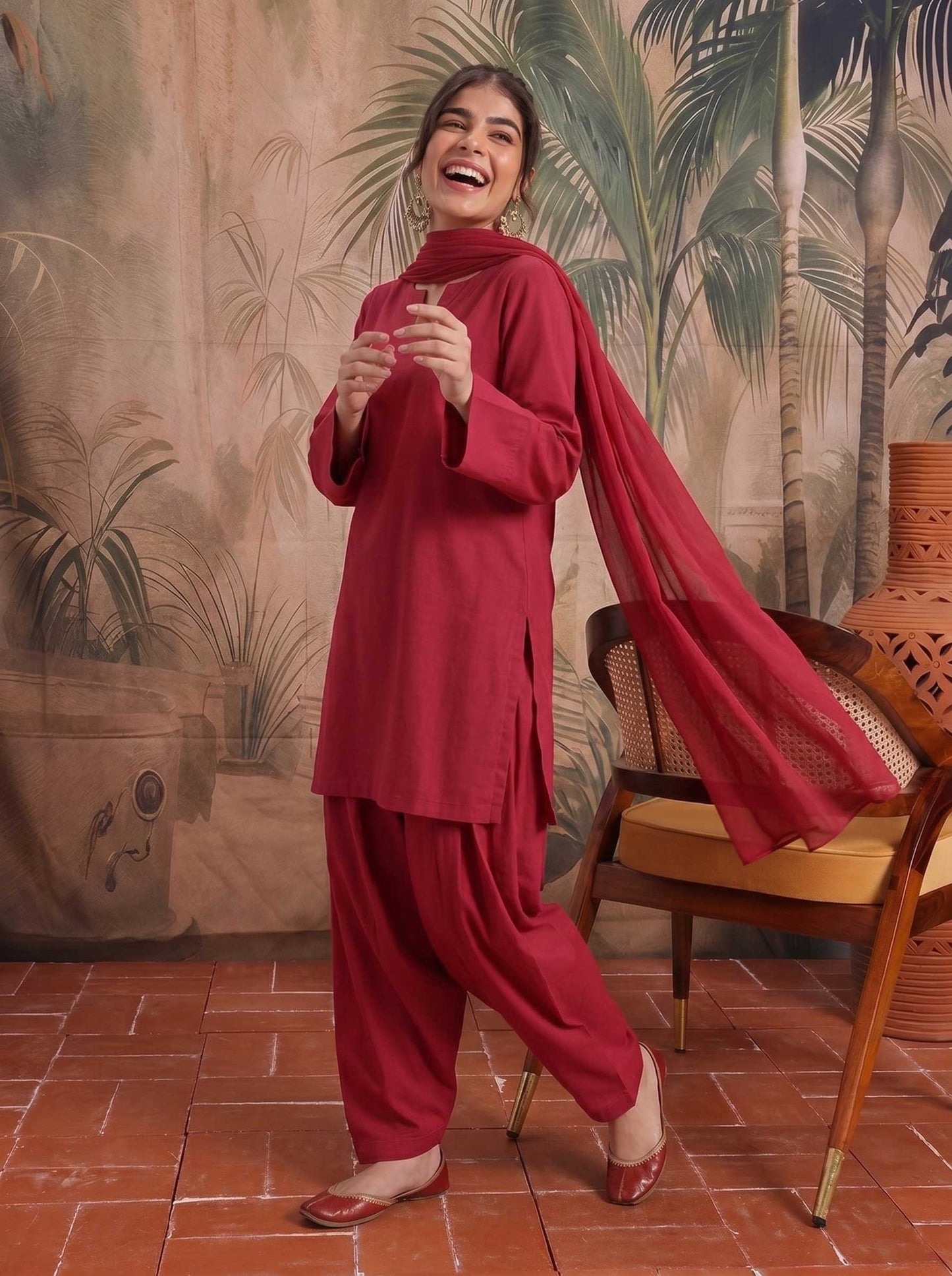 3-piece solid lawn suit in deep red: long kurta with cuffs, matching pants, draped dupatta