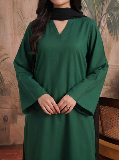 Emerald green V-neck tunic with long sleeves and black choker neckline
