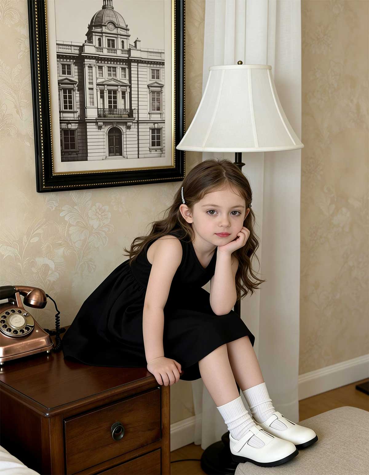 Black girls sleeveless V-neck A-line dress with gathered skirt