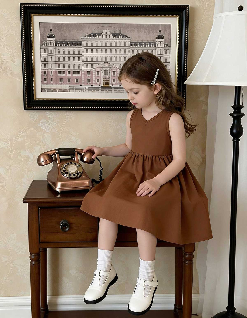 Brown girls V-neck sleeveless A-line dress with gathered skirt