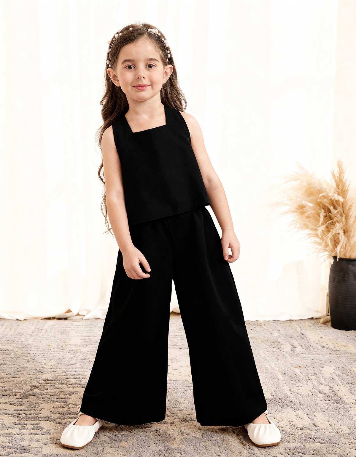 Girls Solid Black 2-Piece Cotton-Satin Co-Ord Set