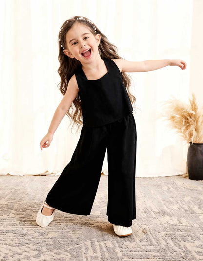 Girls Solid Black 2-Piece Cotton-Satin Co-Ord Set