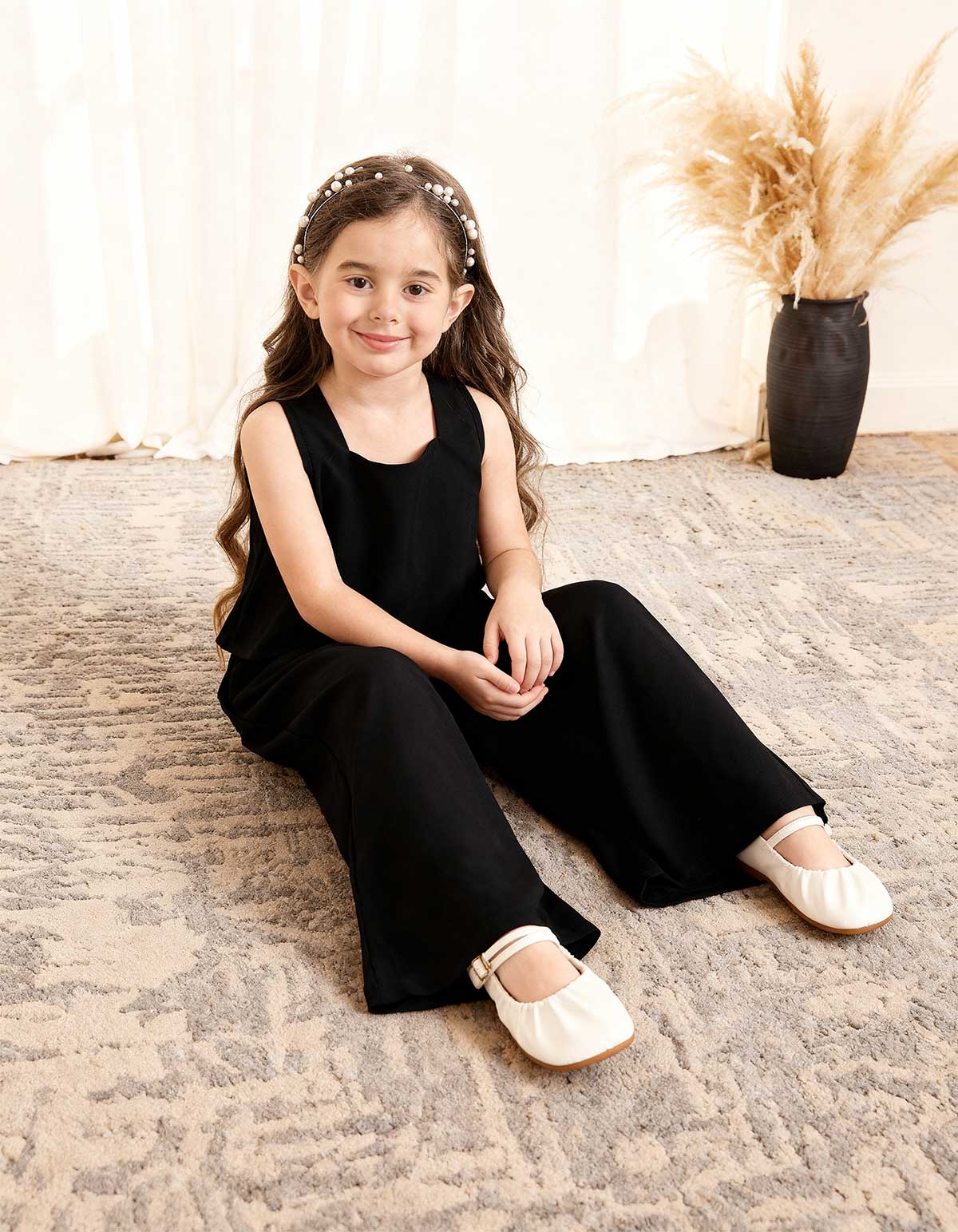 Girls Solid Black 2-Piece Cotton-Satin Co-Ord Set