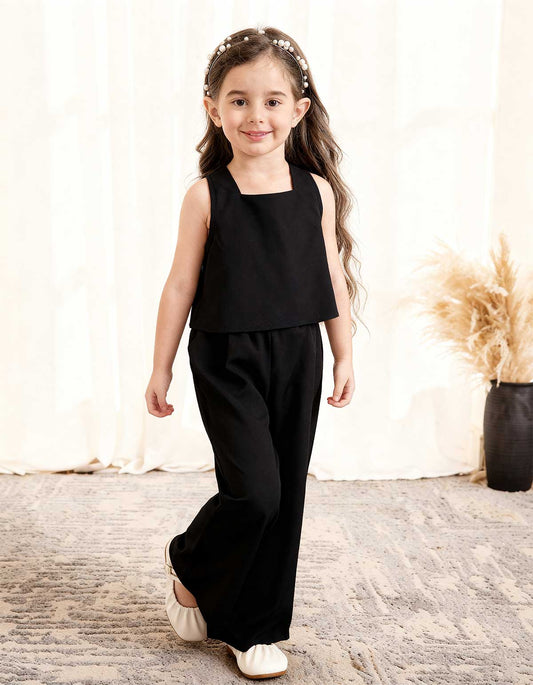 Girls Solid Black 2-Piece Cotton-Satin Co-Ord Set