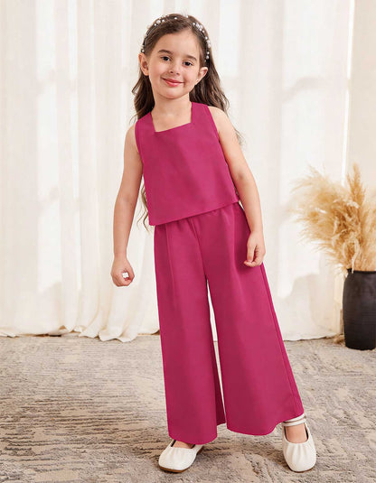 Girls Solid Magenta 2-Piece Cotton-Satin Co-Ord Set
