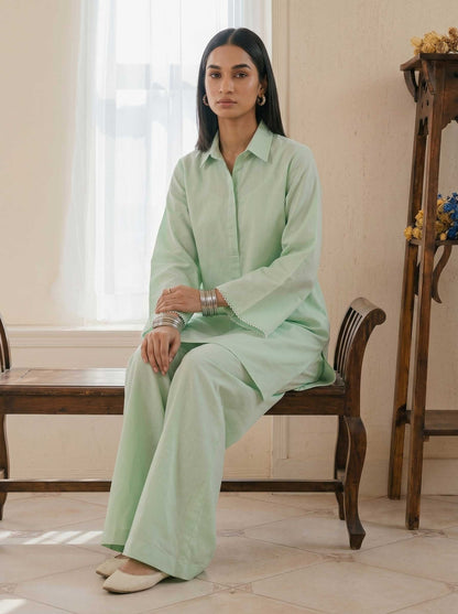 Mint green cotton co-ord set with collared tunic and flowing wide-leg trousers