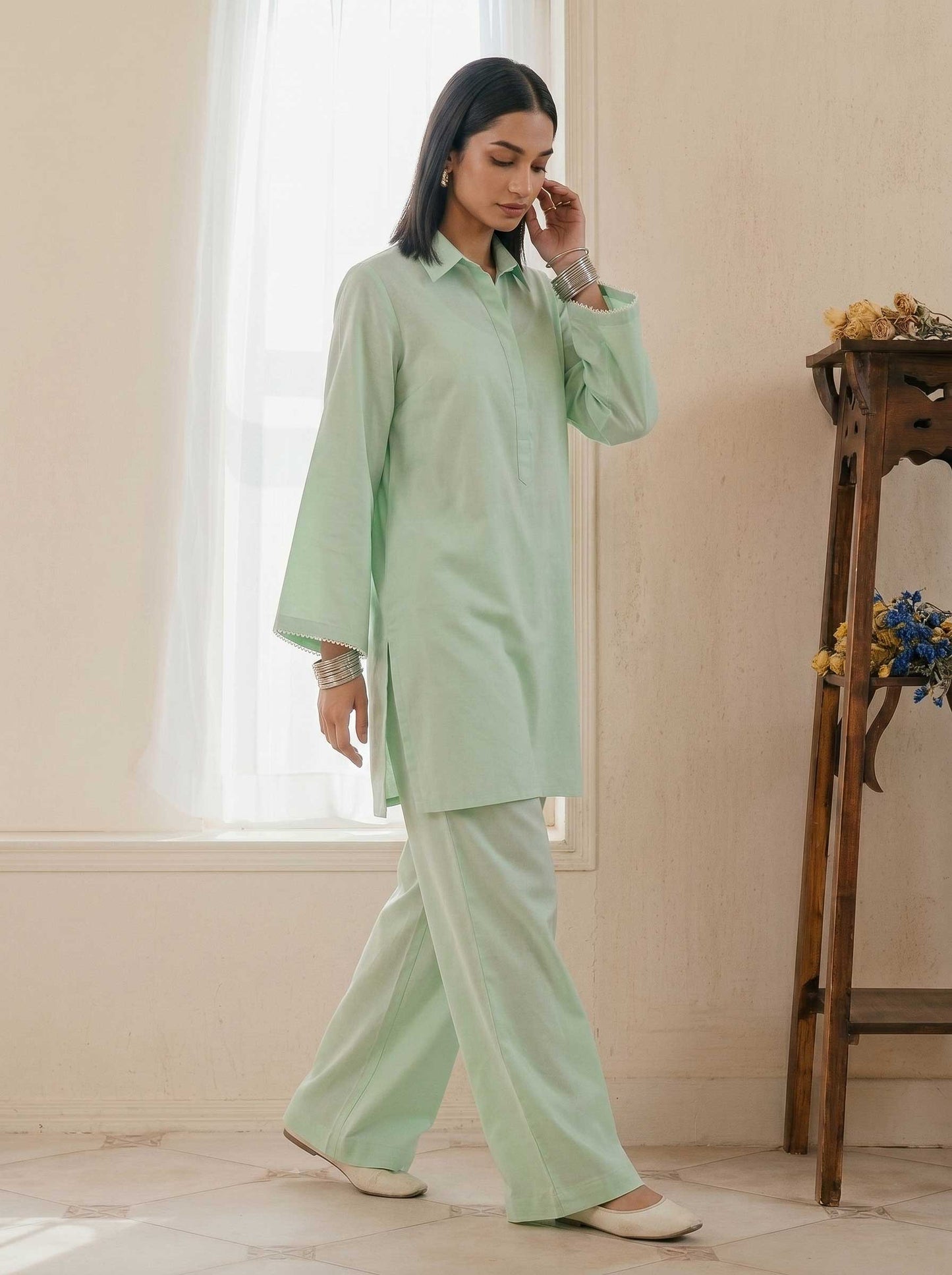 Mint green cotton co-ord set, button-front tunic and wide-leg pants, side view