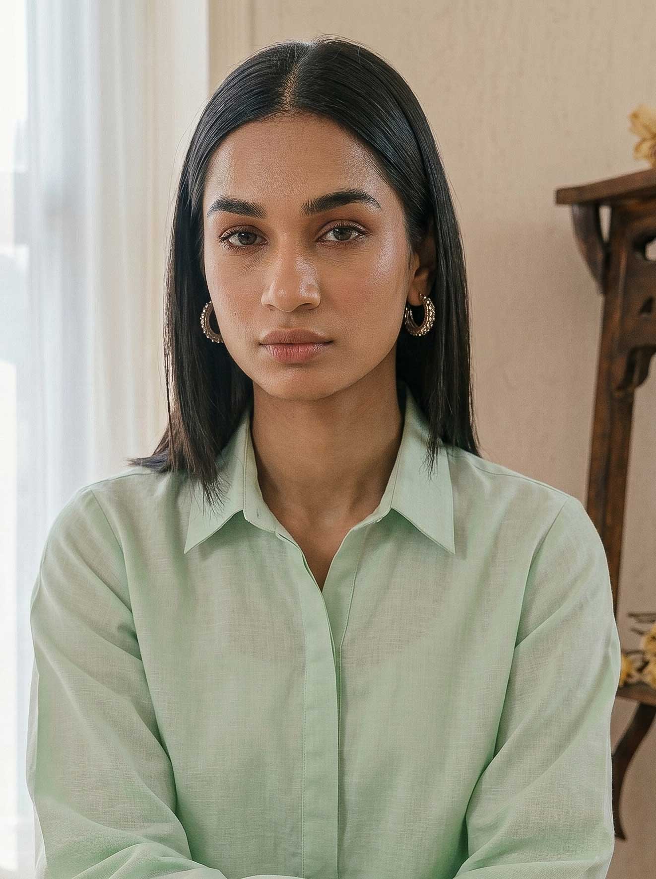 Mint green collared tunic shirt from a cotton co-ord set with button front