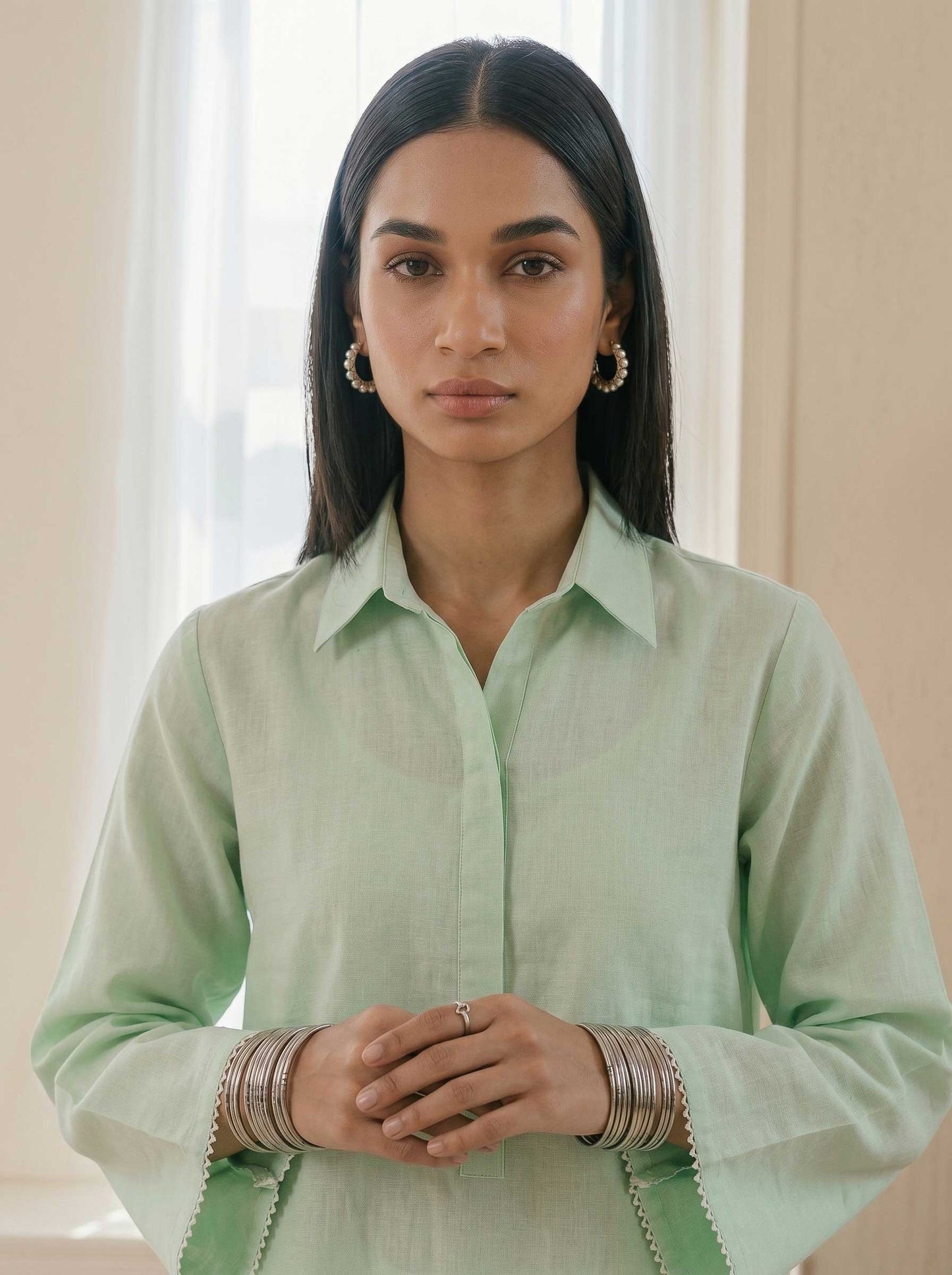 Mint green cotton co-ord set tunic front with collar, buttons, and cuff details