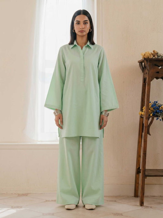 Mint green cotton co-ord set with button-front tunic and wide-leg trousers
