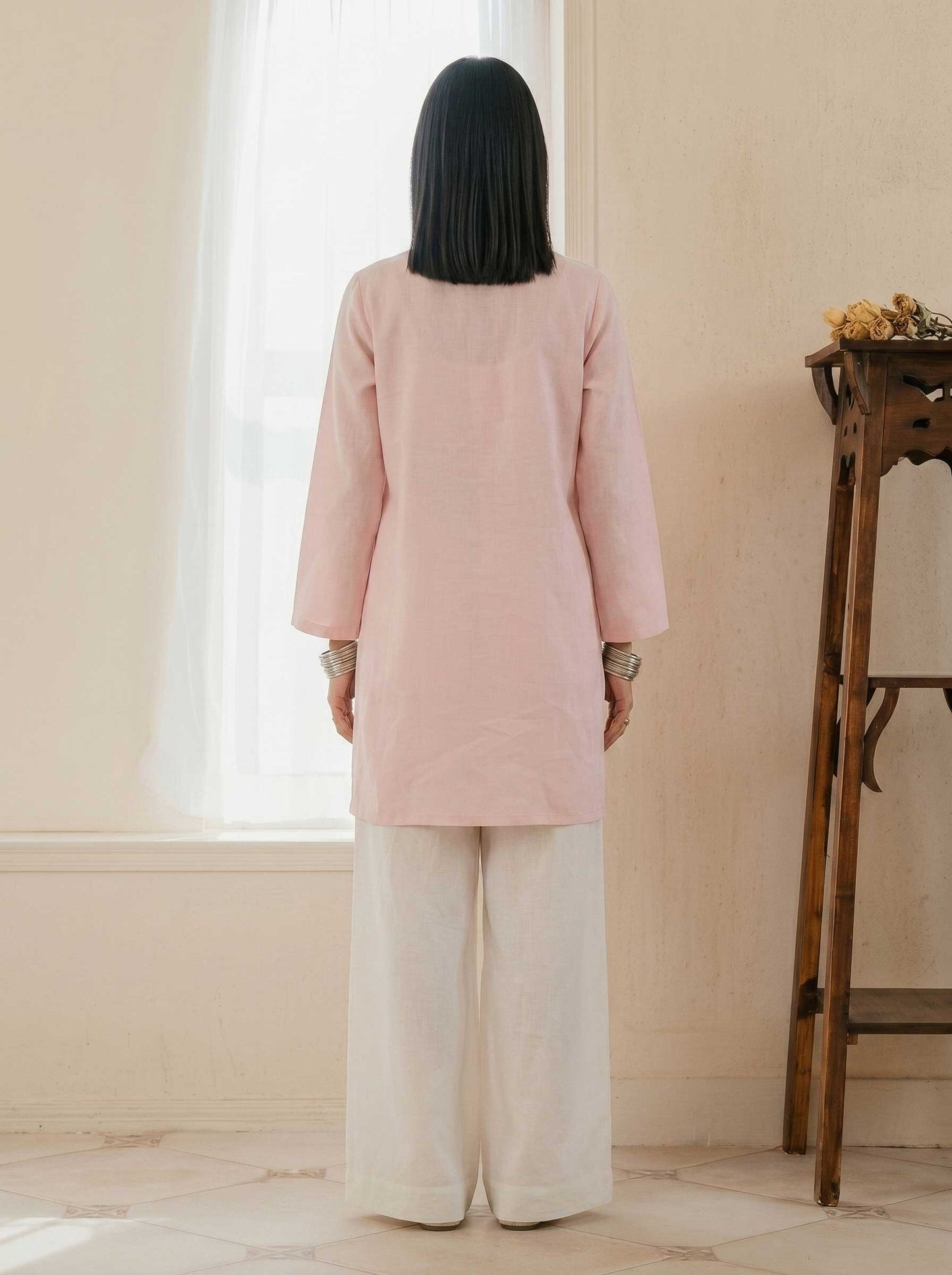 Pink cotton lawn tunic and wide-leg trouser set, back view with button placket
