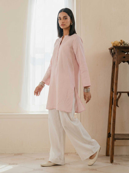 Pink cotton lawn tunic and wide-leg trouser set, split neckline, 3/4 sleeves