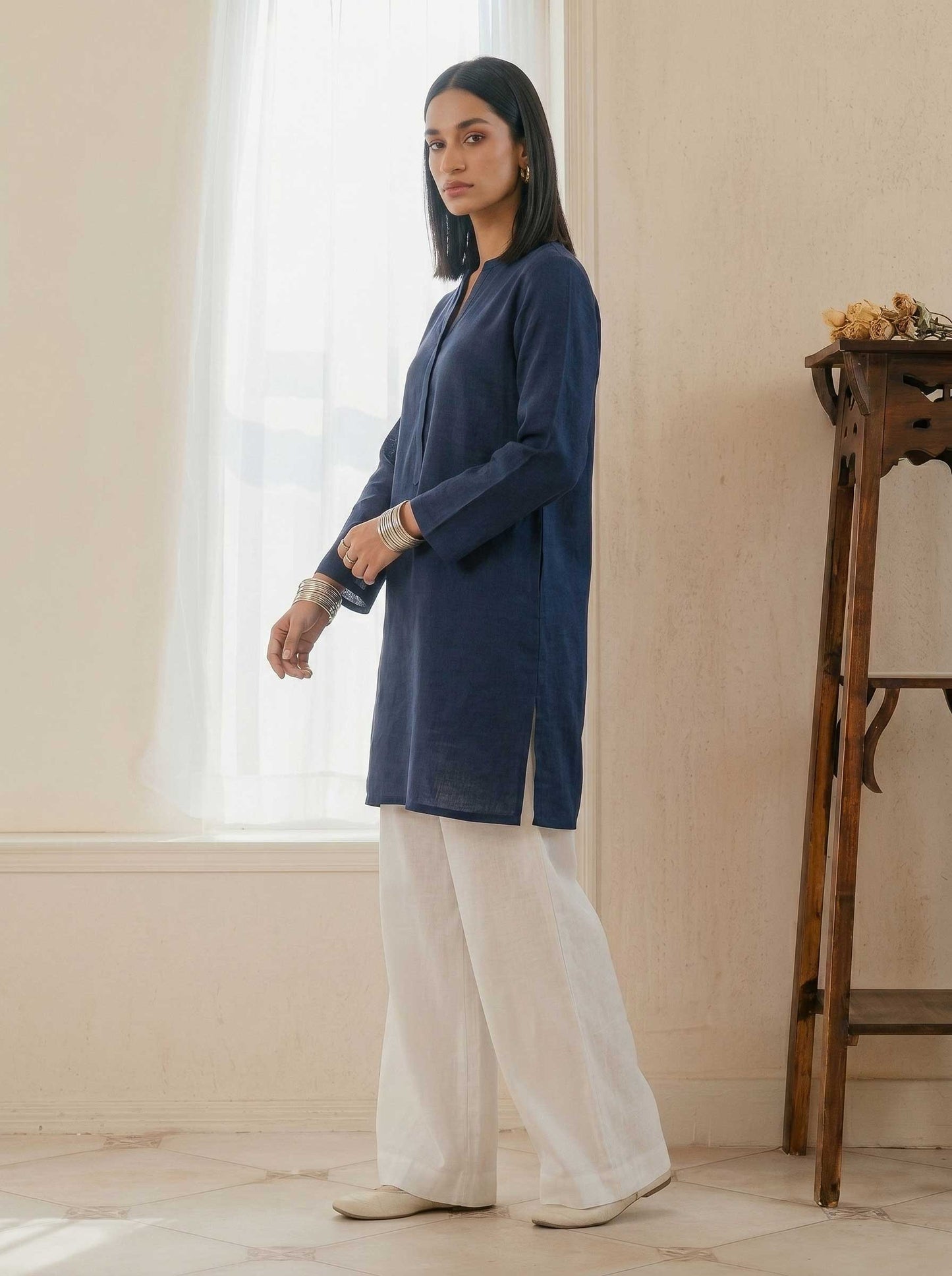 Navy cotton lawn tunic and wide-leg trouser set, 3/4 sleeves and button placket