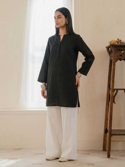 Black cotton lawn tunic and wide-leg trouser set, long tunic with button placket