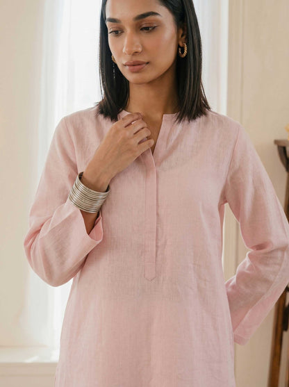 Pink cotton lawn tunic with split neckline and front button placket, 3/4 sleeves