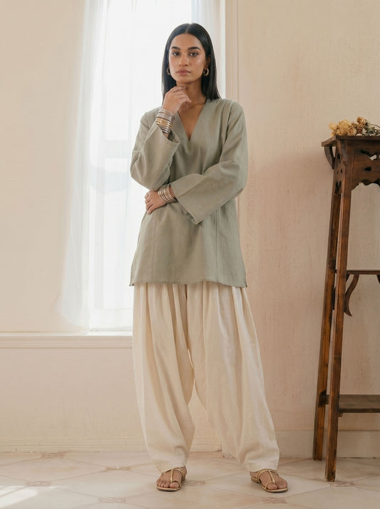 Sage green linen tunic with V-neck and flared sleeves, with off-white shalwar