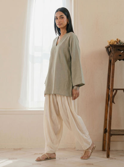 Sage green linen tunic and off-white shalwar set, long tunic with wide sleeves