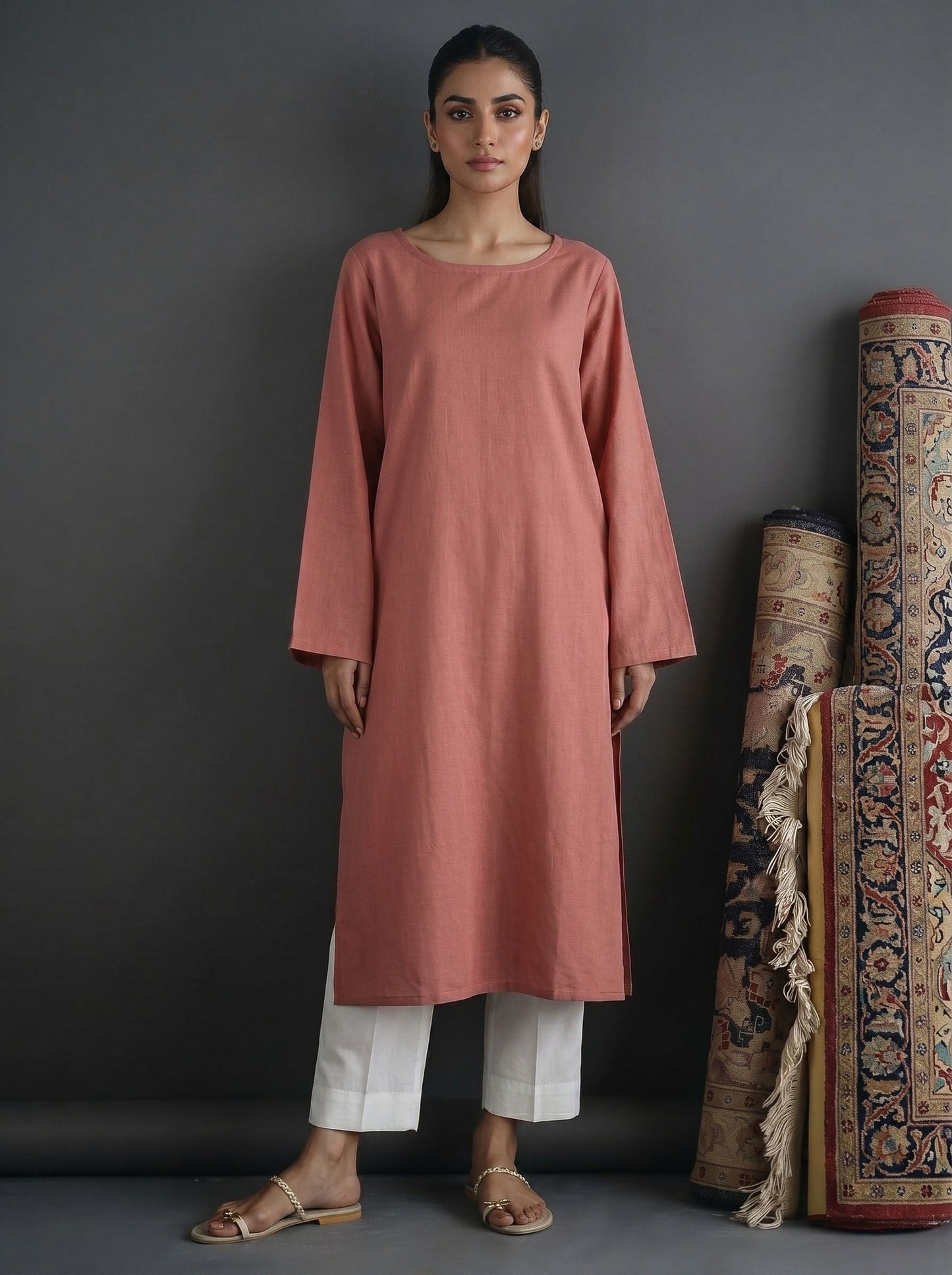 Dusty rose solid lawn cotton co-ord set, long kurta with round neck and white pants