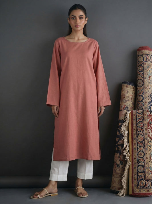Dusty rose solid lawn cotton co-ord set, long kurta with round neck and white pants