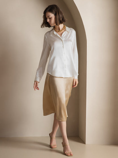 White satin button-down shirt with front button placket, relaxed fit, long sleeves