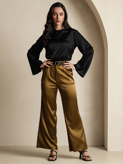 Black satin flare sleeve blouse with round neckline, flowing relaxed silhouette.