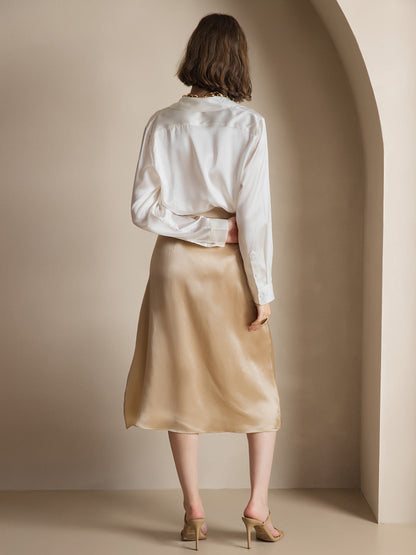White satin button-down shirt back view with banded collar and long sleeves